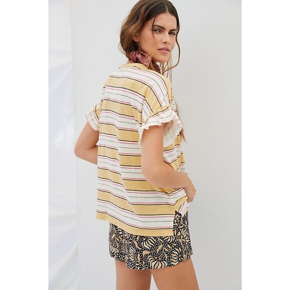 Striped Anthropologie Pilcro Ruffled Short Sleeve Relaxed V-Neck Tee (NWT) - Picture 3 of 4